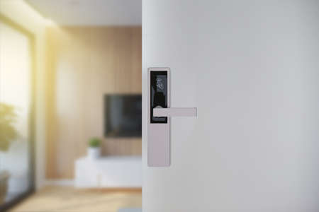 Hotel door security Unlocking by application on mobile phone. Digital door lock, key less system of access door. Close up and selective focus.の写真素材