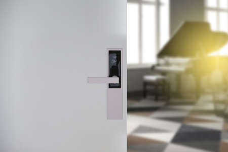 Hotel door security Unlocking by application on mobile phone. Digital door lock, key less system of...
