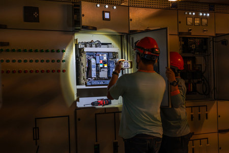 Engineers or technicians check electrical equipment while electricity is running out.