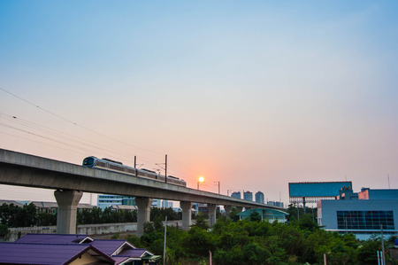 Metro on sunset sky background.の写真素材