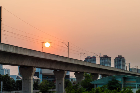 Metro on sunset sky background.の写真素材