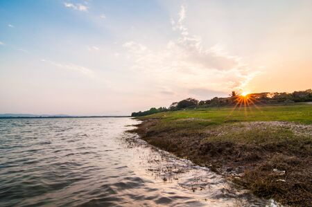 sunset view on blue sky background.の写真素材