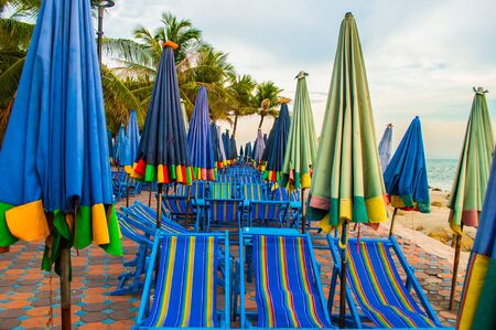 Folded umbrellas on beach.の写真素材
