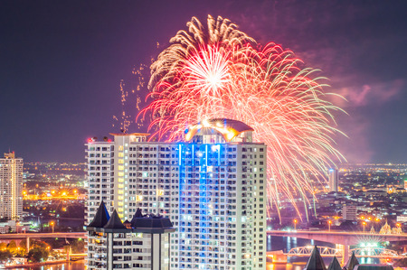 nightlife view city scape of Bangkok with fireworks.のeditorial素材