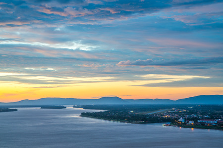 Sunset view on temple looking Pakse, Laos.の写真素材