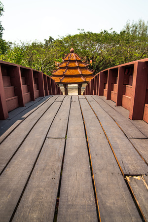 Wooden bridge in Ancient City Samut Prakan, Thailandの写真素材