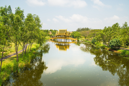 Wooden bridge in Ancient City Samut Prakan, Thailandの写真素材