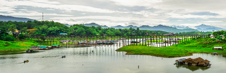 (Panramic Mon Bridge) Wooden bridge over the river in Sangkhlaburi District, Kanchanaburi, Thailand.の写真素材