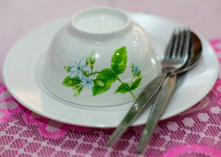 Close up ,spoon,dish,bowl and a cupの写真素材