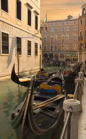 Gondolas parked on the Grand Canal in Venice,Italyの写真素材