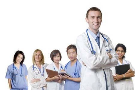 Doctor and Nurse standing with white backgroundの写真素材