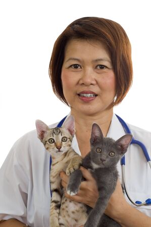 Woman Veterinarian holding 2 kittens for exam.の写真素材