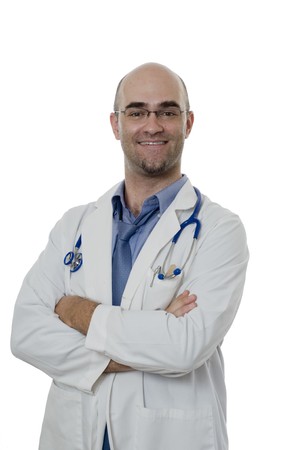 smiling and confident bald Doctor isolated on whiteの写真素材