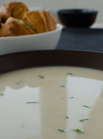 potato soup with garlic buns, black の写真素材