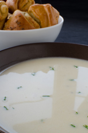 potato soup with garlic bunsの写真素材