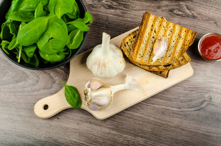 Panini garlic bread with spicy hot dip and spinach leaves, bio garlicの写真素材
