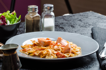 Farfalle with tomato sauce and roasted salmon, fresh endive saladの写真素材