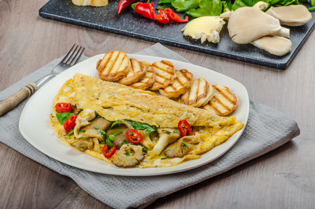 Rustic vegetarian omelette with chili peppers and mushroomsの写真素材