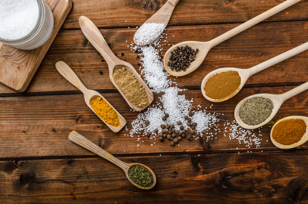 Variation of spices on spoons, product photo, simple compositionの写真素材