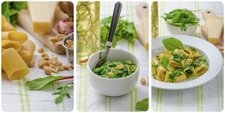 Rigatoni with garlic and herbs pesto, homemade pesto in a mortal, delicious, collage how to do itの写真素材