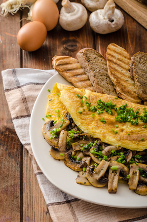 Rustic omelette with mushrooms on chives, roasted panini health breadの写真素材
