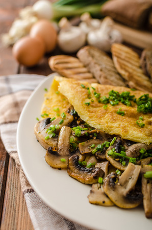 Rustic omelette with mushrooms on chives, roasted panini health breadの写真素材