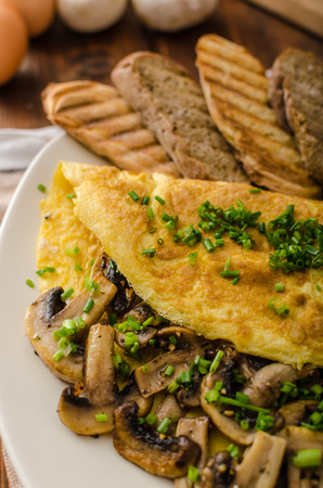 Rustic omelette with mushrooms on chives, roasted panini health breadの写真素材