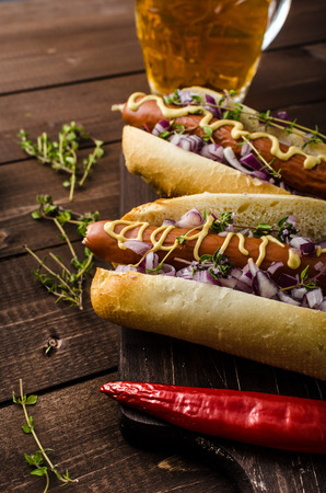 nice hot dogs with beerの写真素材