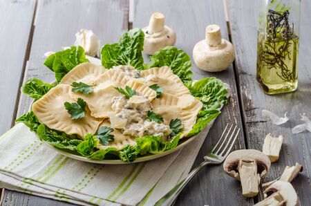 Ravioli stuffed with mushrooms and ricotta on saladの写真素材