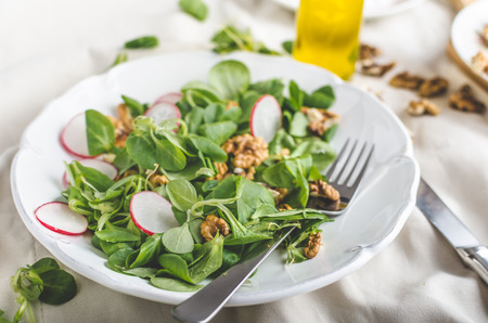 Lambs lettuce salad with walnuts and radish, simple and deliciousの写真素材