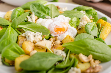 spinach salad with roasted potatoes, blue cheese and poached eggの写真素材