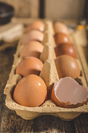 Domestic organic eggs, product photo, place for your advertisment or textの写真素材
