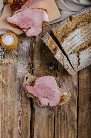 Smoked meat on homemade breadの写真素材
