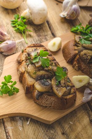 Mushroom mixture with olive oil on rustic bread with garlic, bio mushrooms and delicious herbs on topの写真素材