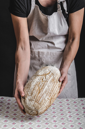 Homemade bread, place for your ad, female handsの写真素材