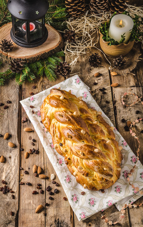Traditional Czech Christmas cake, Vanocka, delicious breakfast for whole family full of nuts and almondsの写真素材