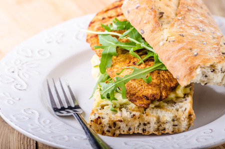 Chicken steak with tomato salsa and homemade mayonnaise salad of arugulaの写真素材