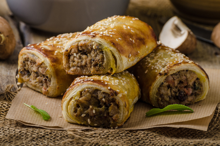 Sausage Roll delicious recepy from mushrooms, czech hogkilling sausage and puff pastryの写真素材