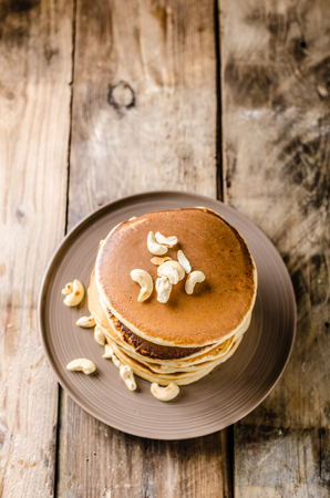 Original american pancakes, rustic style photo, place for advertismentの写真素材