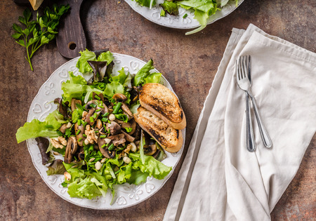 Mushroom salad with walnuts with baguette, lots of herbs insideの写真素材