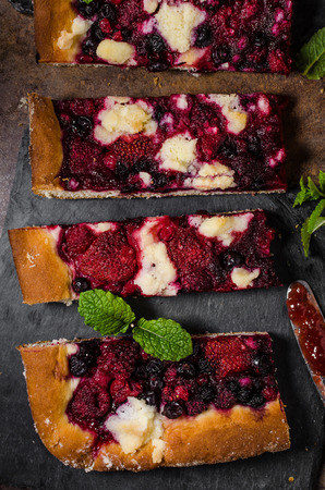 Traditional Czech crumble with berries, delicious simple crumble, forest fruit and mintの写真素材