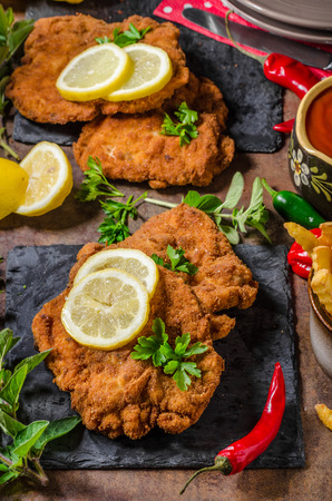 Schnitzel with fries, salad and herbs, hot chilli sauceの写真素材