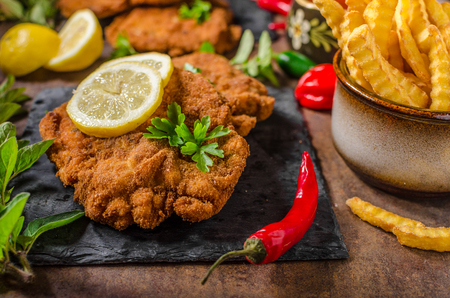 Schnitzel with fries, salad and herbs, hot chilliの写真素材