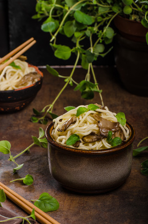 Chinese noodles with mushrooms, fresh herbs, delicious and simple foodの写真素材