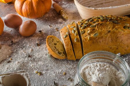 Homemade pumpkin bread, place for text, advertismentの写真素材