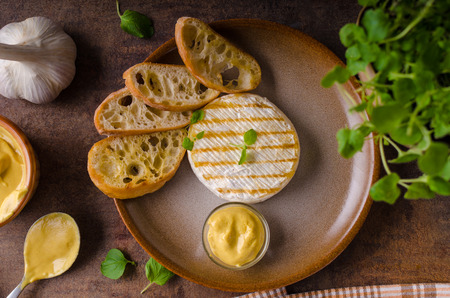Grilled camembert with delicious french mustard and herbs toastの写真素材