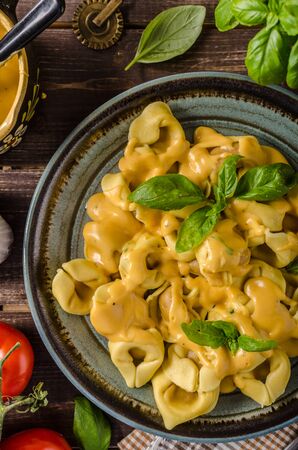 Tortellini with cheese sauce, basil and herbsの写真素材