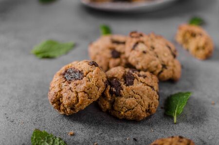 Chocolate chips cookies with peanut butter, with mintの写真素材