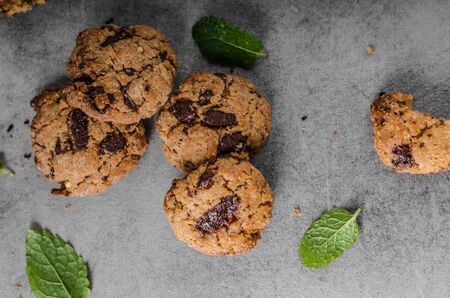 Chocolate chips cookies with peanut butter, with mintの写真素材