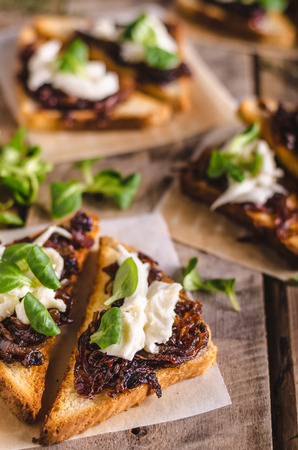 Rustic toast with caramelized onion, goat cheese, garlic and herbsの写真素材